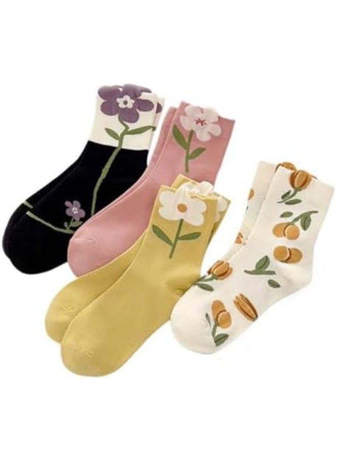 CLENEA 4 Pairs Floral Design Womens Crew Socks, Fun Casual Cotton Socks, Cute Cotton Socks for Women and Girls, Socks for Sports and Daily Wear - Image 1